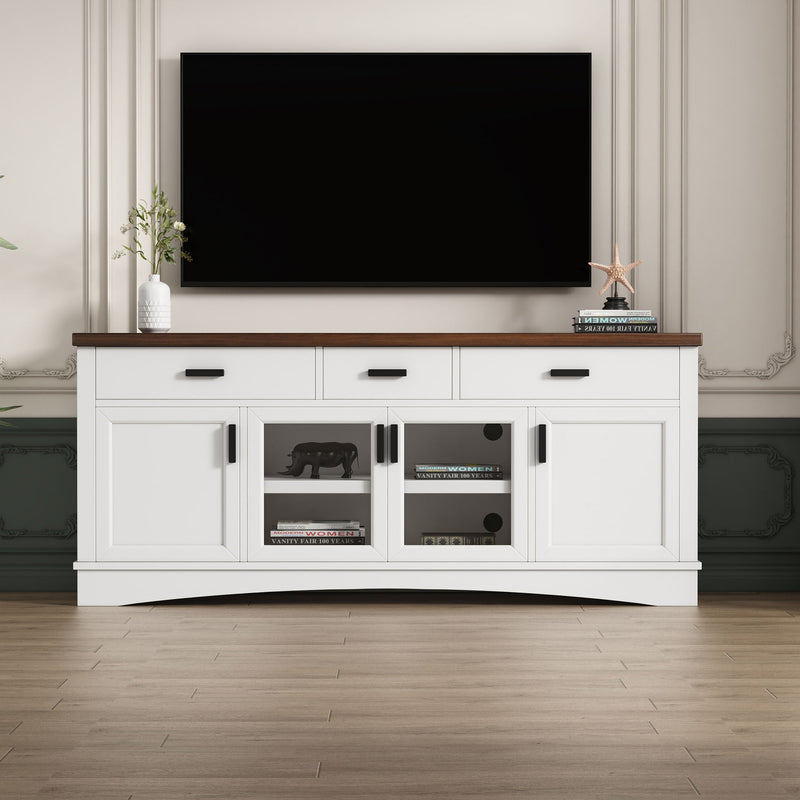 TV Console Stand, Glass Doors & Storage Drawers, Adjustable Shelves