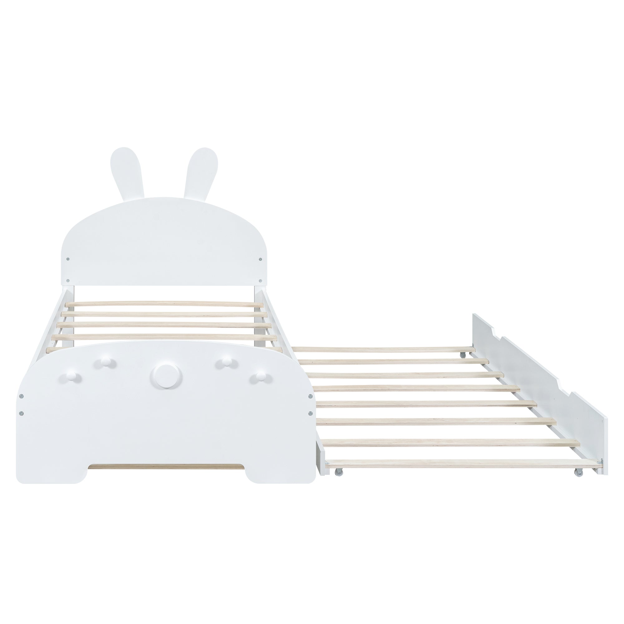 Wood Twin Size Platform Bed with Cartoon Ears Shaped Headboard and Trundle, White - Atlantic Fine Furniture Melbourne FL