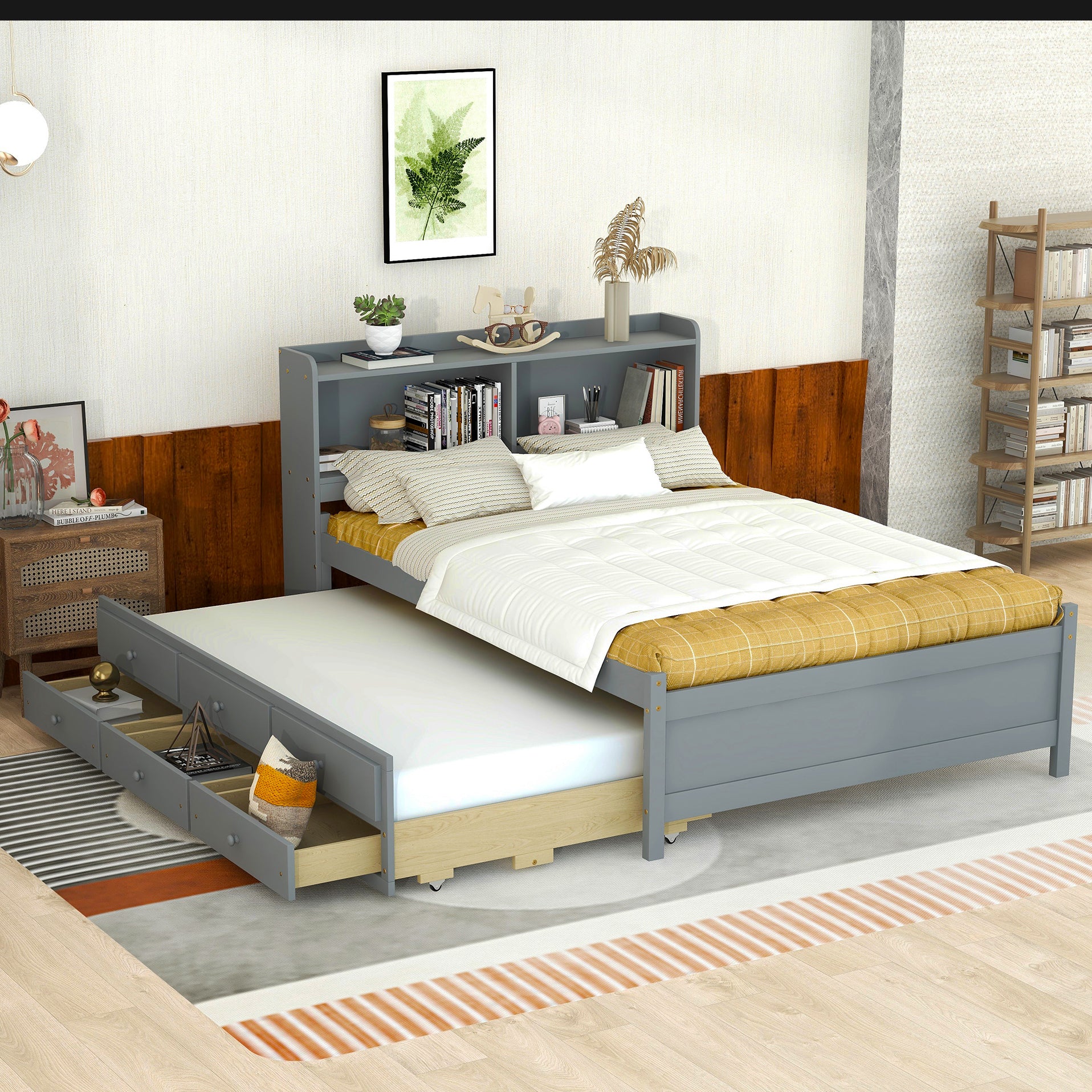 Full Size Bed with USB & Type-C Ports, LED light, Bookcase Headboard, Trundle and 3 Storage Drawers , Full Size Size Bed with  Bookcase Headboard, Trundle and Storage drawers ,Grey - Atlantic Fine Furniture Melbourne FL