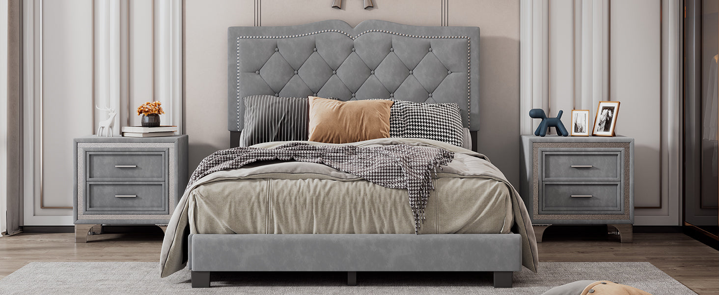 Full Size Upholstered Bed Frame with Rivet Design, Modern Velvet Platform Bed with Tufted Headboard,Gray - Atlantic Fine Furniture Melbourne FL