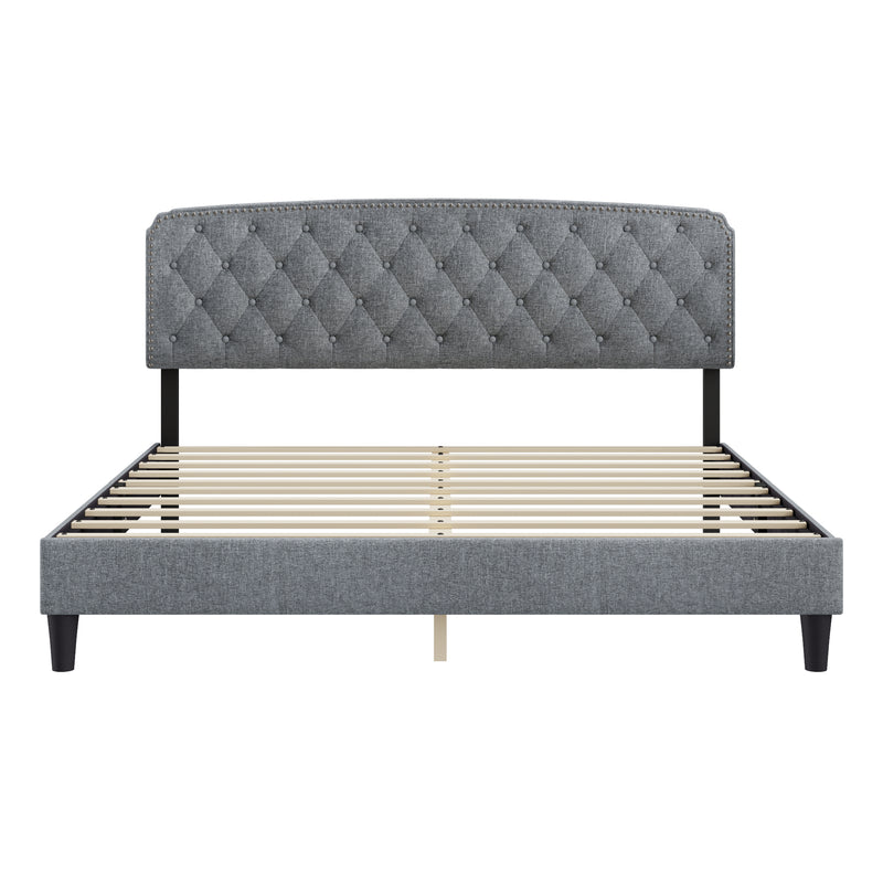 King size Adjustable Headboard with Fine Linen Upholstery and Button Tufting for Bedroom,  Wave Top  LIGHT GREY