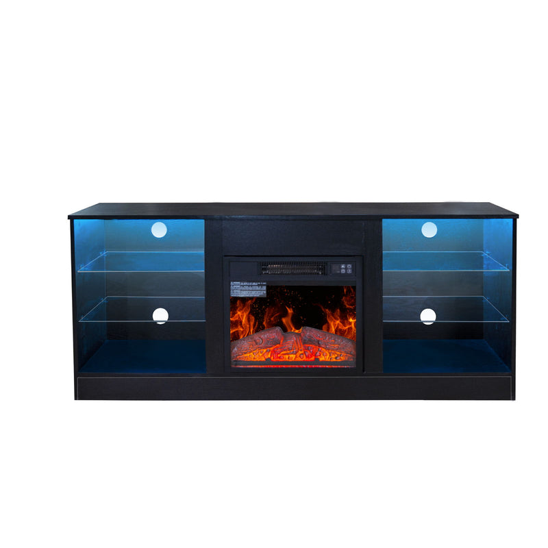 Fireplace TV Stand With 18" Electric Fireplace Heater, Modern Entertainment Center For TVs Up To 62" With Adjustable Glass Shelves And Storage Cabinets