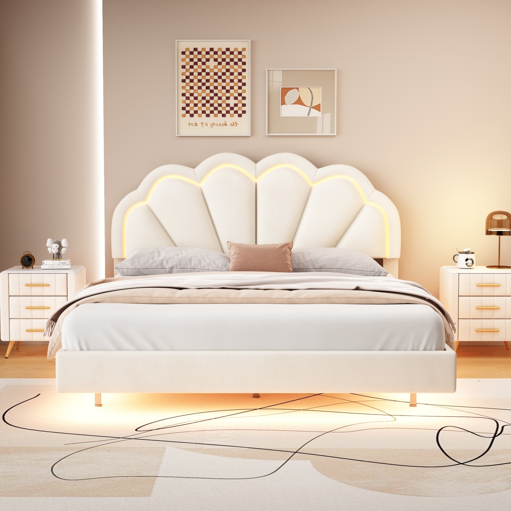 Queen Upholstered Smart LED Bed Frame with Elegant Flowers Headboard,Floating Velvet Platform LED Bed with Wooden Slats Support,Beige - Atlantic Fine Furniture Melbourne FL