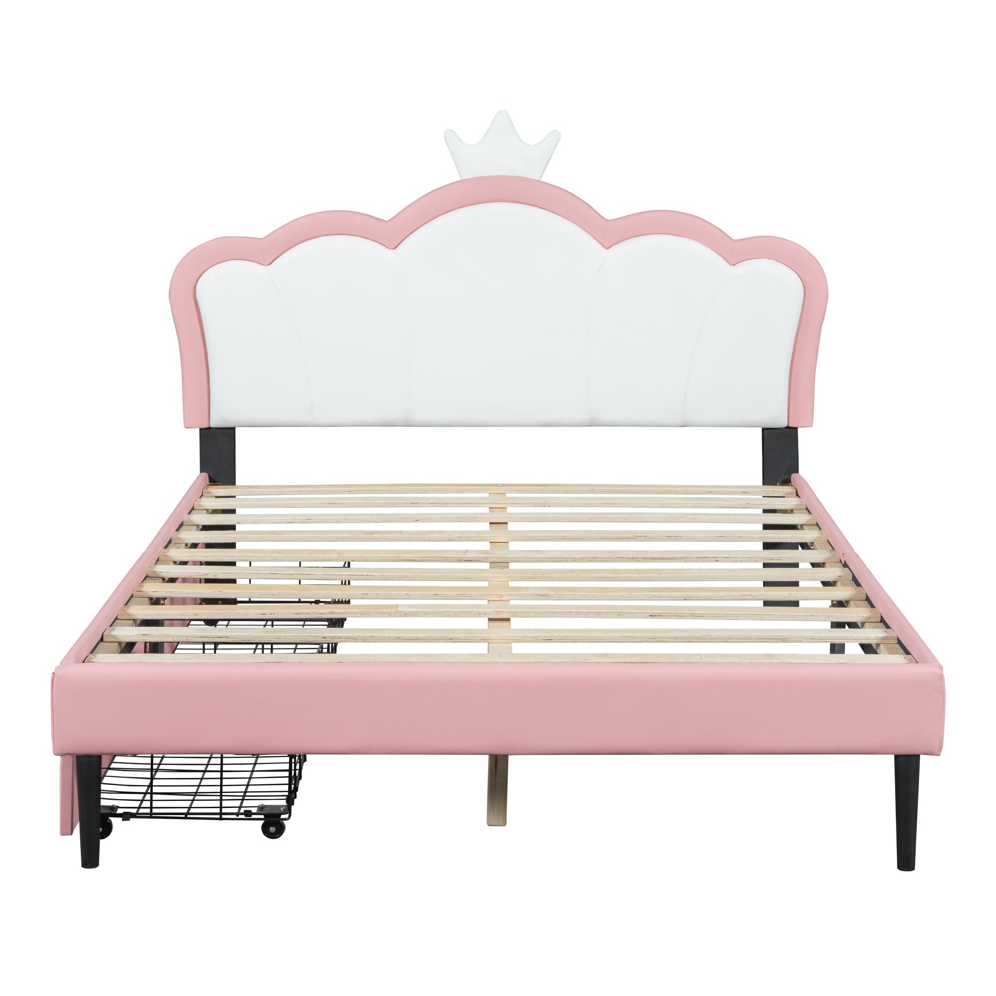 Full Size Princess Bed With Crown Headboard and 2 Drawers, Full size Platform Bed with Headboard and Footboard,White+Pink