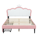 Full Size Princess Bed With Crown Headboard and 2 Drawers, Full size Platform Bed with Headboard and Footboard,White+Pink