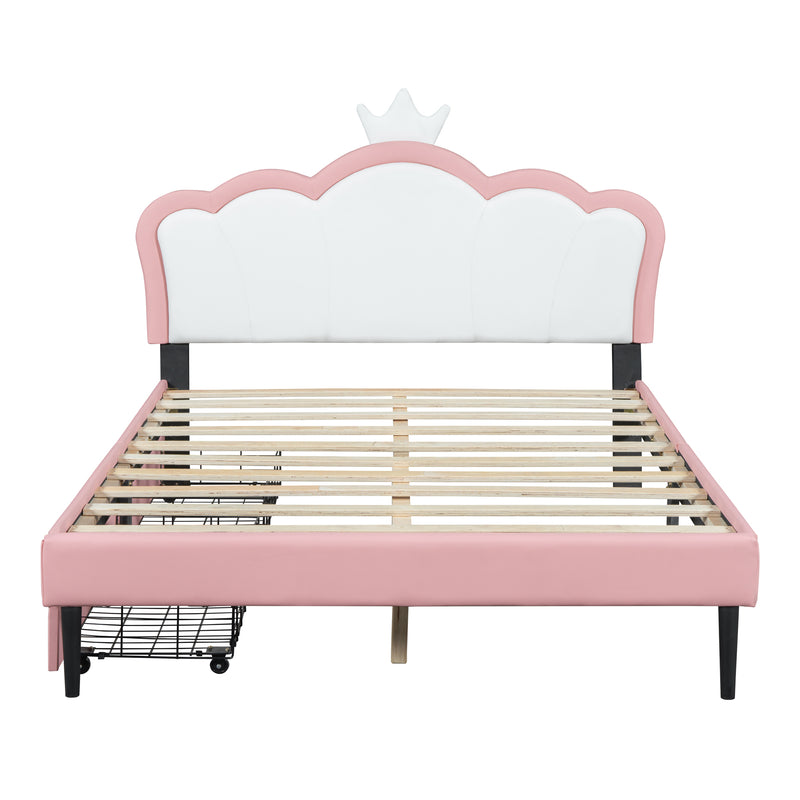 Full Size Princess Bed With Crown Headboard and 2 Drawers, Full size Platform Bed with Headboard and Footboard,White+Pink