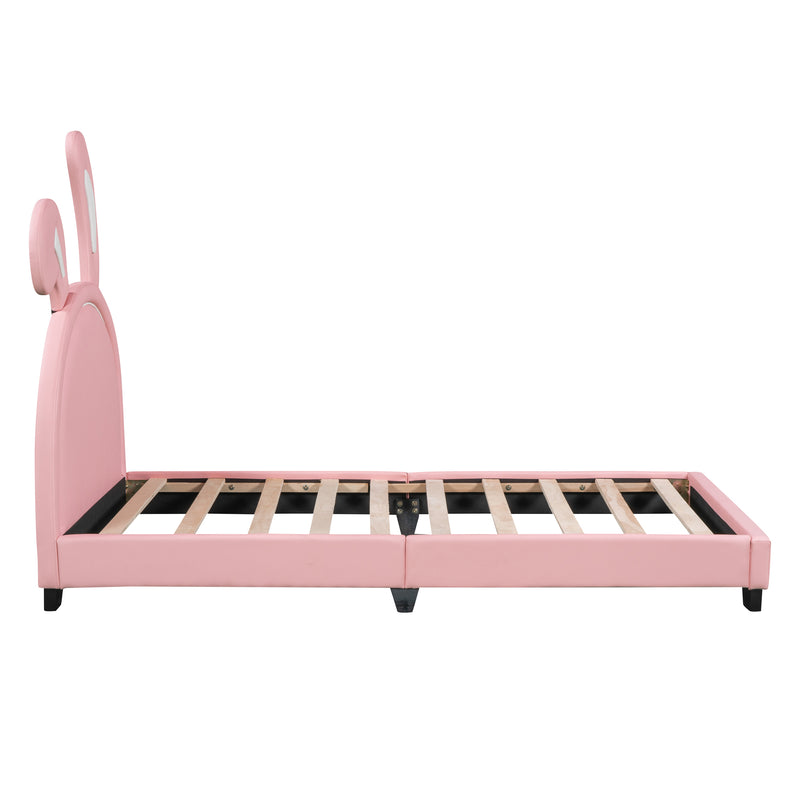 Twin Size Upholstered Leather Platform Bed with Rabbit Ornament, Pink