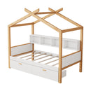 Wooden House Bed Original Wood Colored Frame With Bookshelf Storage Space