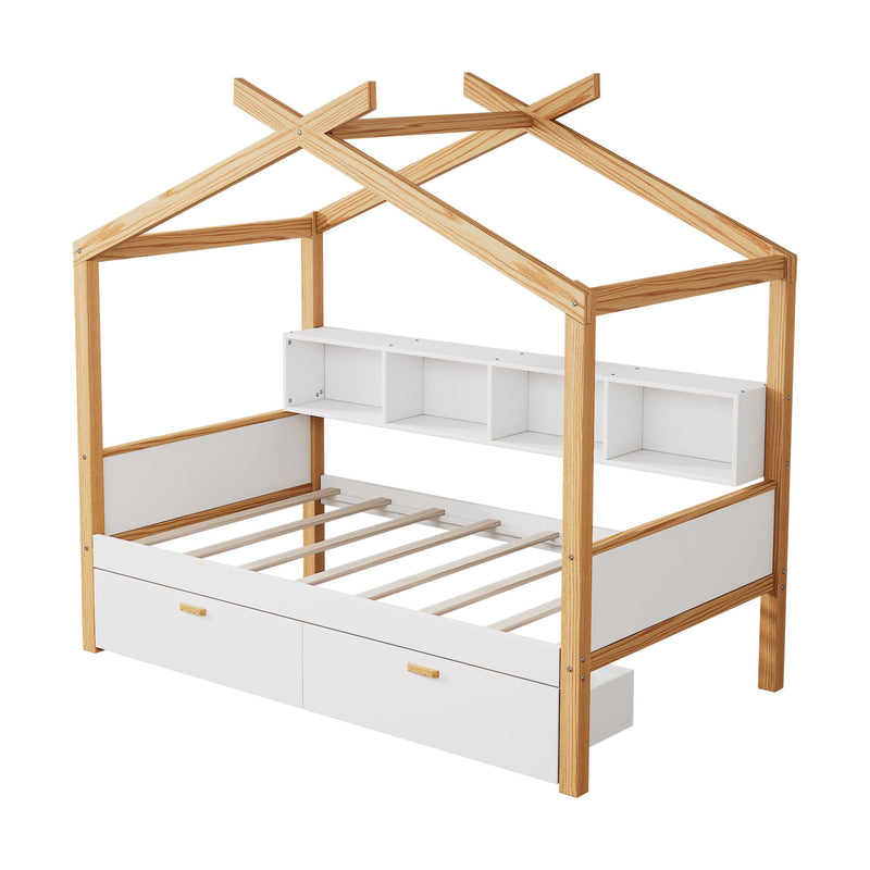 Wooden House Bed Original Wood Colored Frame With Bookshelf Storage Space