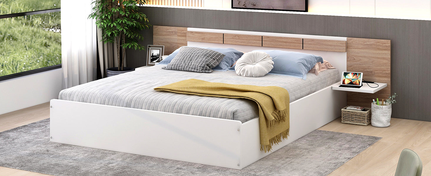 Queen Size Platform Bed with Headboard, Shelves, USB Ports and Sockets, White - Atlantic Fine Furniture Melbourne FL