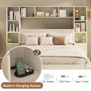 Platform Bed With All In One 2 Nightstand, Storage Shelf And Cabinet Bookcase With 2 Charging Stations