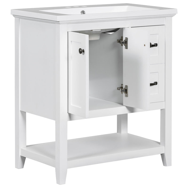 Bathroom Vanity With Ceramic Sink Top, Vanity Cabinet With Multi-Functional Drawer, Solid Wood Legs - White