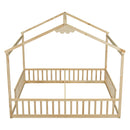 Double Twin House-Style Floor Bed With Fence, Guardrails, Without Door