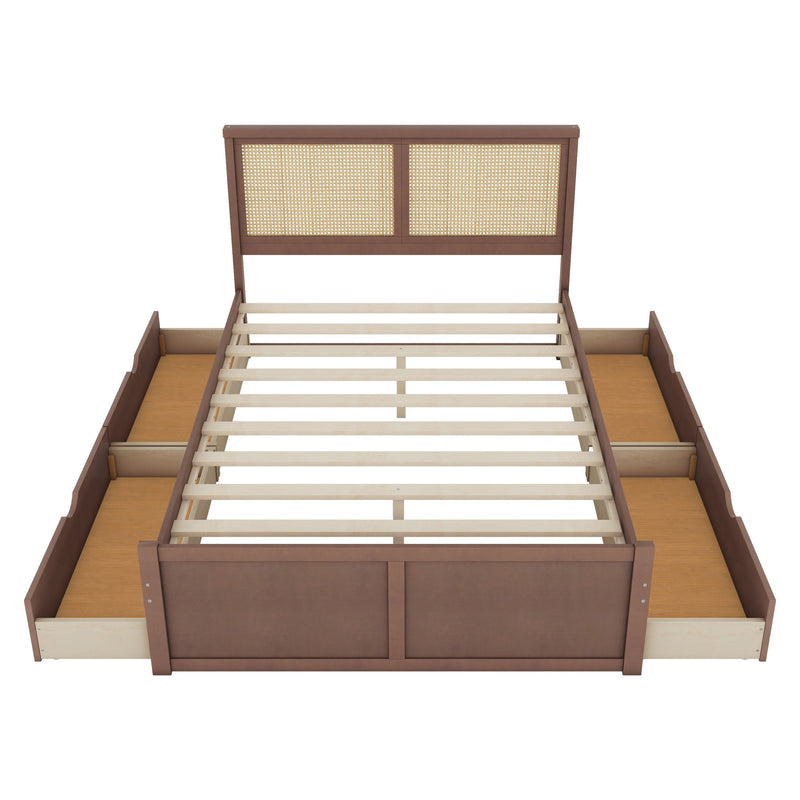 Storage Platform Bed With 4 Drawers, Rattan Headboard