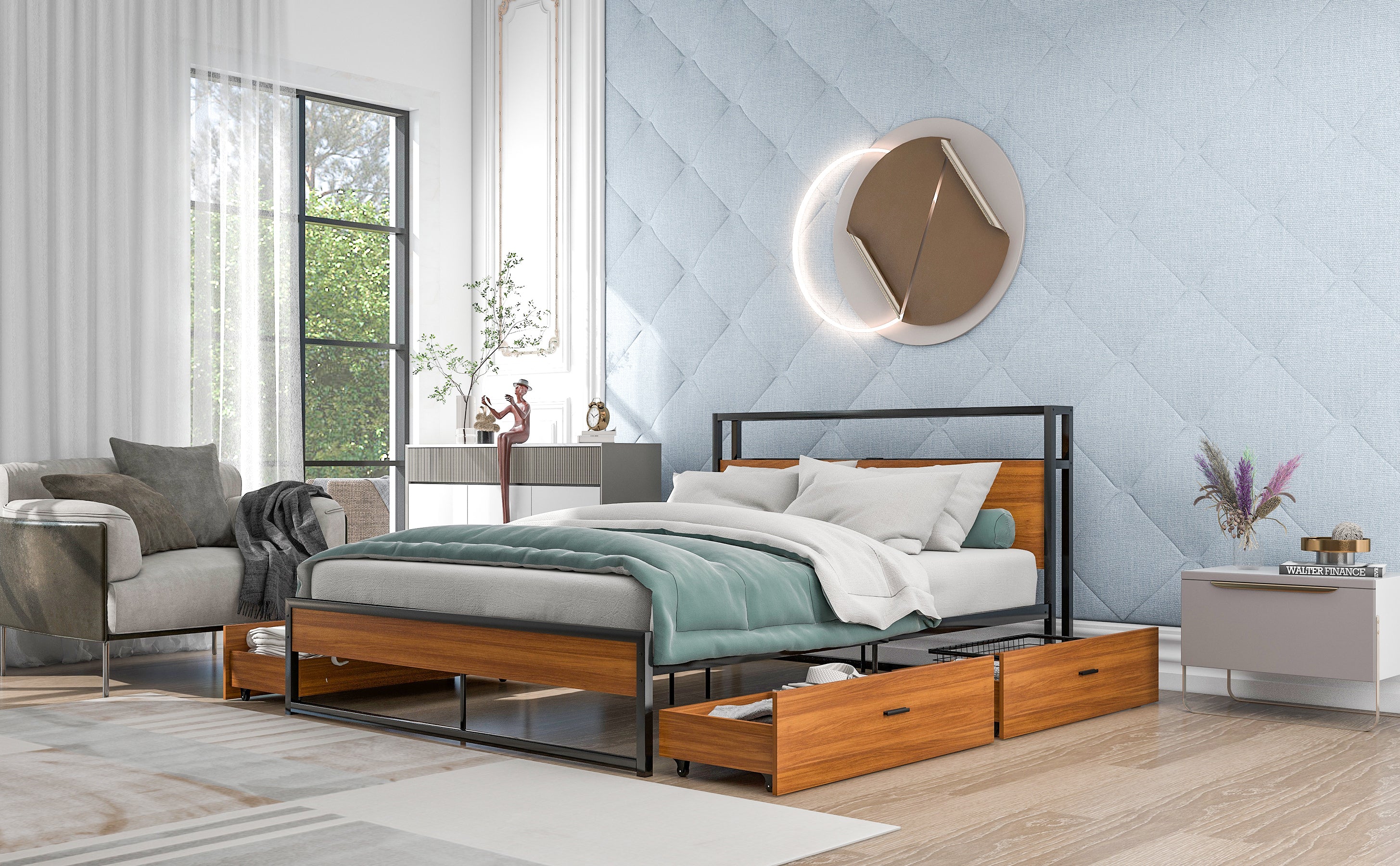 Queen Size Metal Platform Bed Frame with Four Drawers,Sockets and USB Ports ,Slat Support No Box Spring Needed Black - Atlantic Fine Furniture Melbourne FL