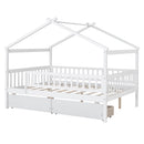 Full Size Wooden House Bed with Two Drawers, White