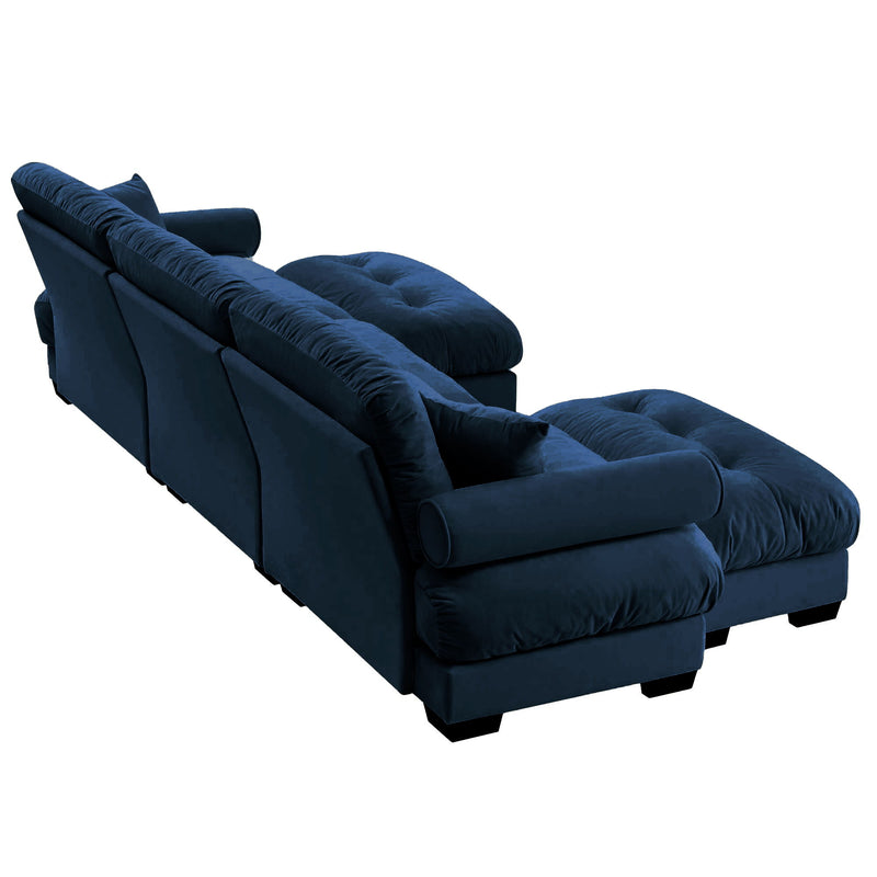 Modern Sectional Sofa With Ottoman, Round Bolster Armrests, Waist And Throw Pillows
