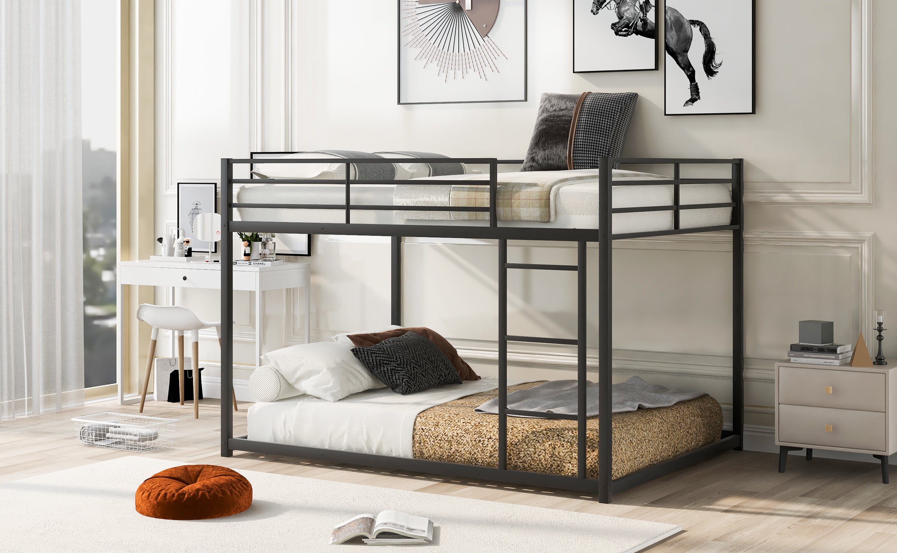 Full over Full Metal Bunk Bed, Low Bunk Bed with Ladder, Black(Old SKU:MF197034AAB)