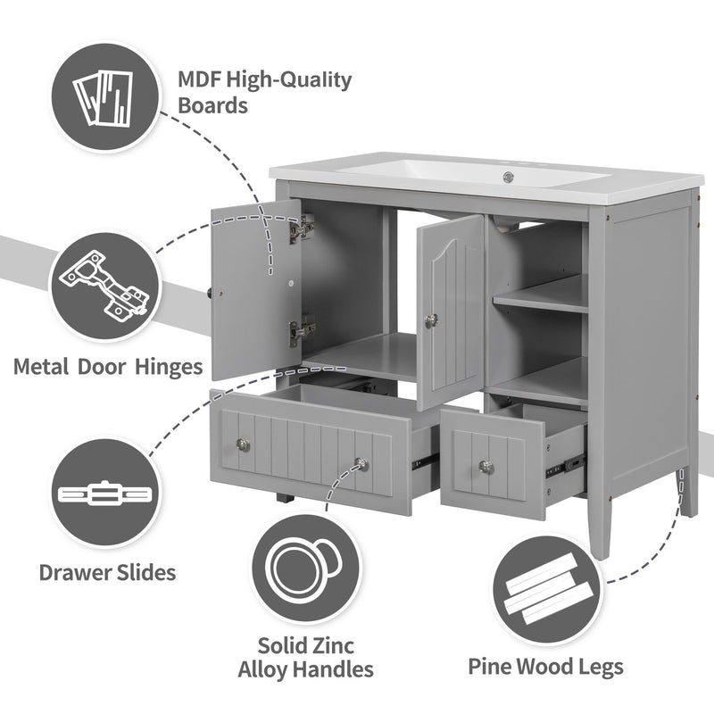 Bathroom Vanity With Ceramic Basin, Bathroom Storage Cabinet With Two Doors And Drawers, Solid Frame, Metal Handles