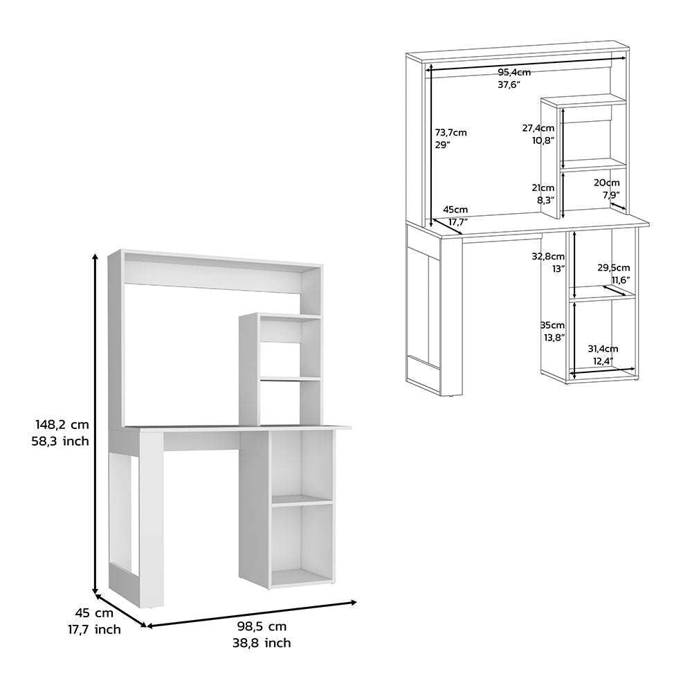 Ethel Writing Computer Desk with Storage Shelves and Hutch, White