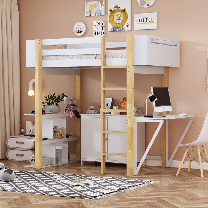 Twin Size Wood Loft Bed With Built-in Storage Cabinet and Cubes, Foldable desk, White