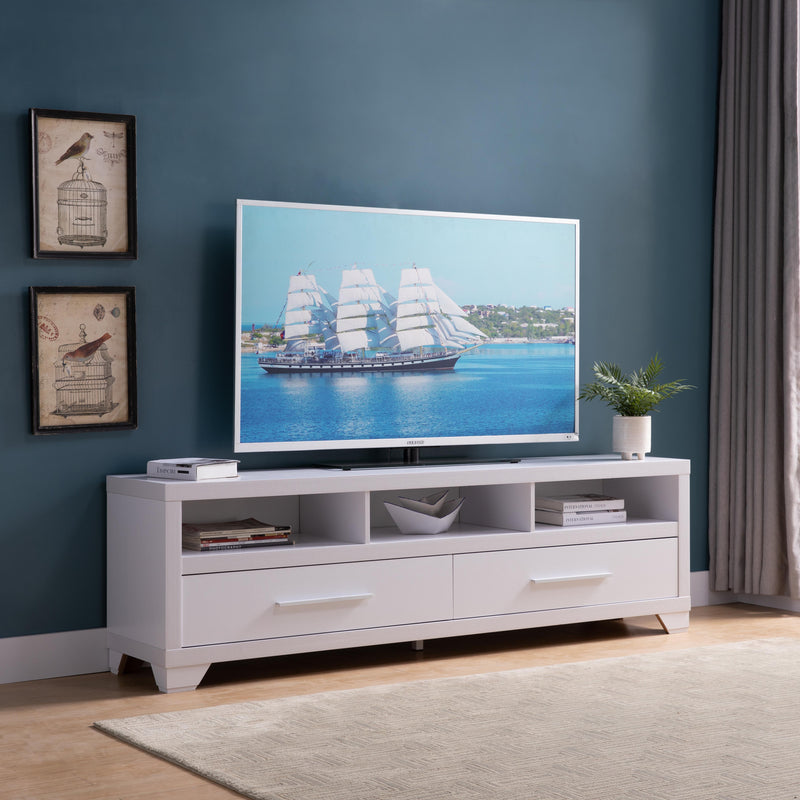 Modern TV Stand With Three Open Shelves And Two Drawers With Stylish Media Storage