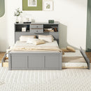 Full Size Wood Pltaform Bed with win Size Trundle, 3 Drawers, Upper Shelves and a set of USB Ports & Sockets, Gray