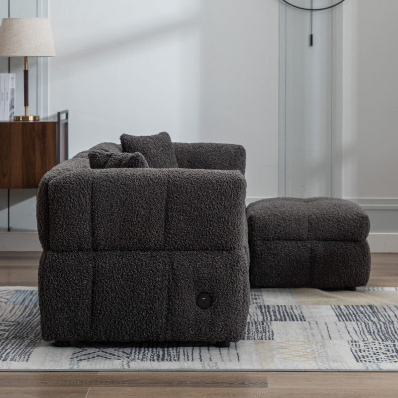 Sectional Sofa Cozy Teddy Fleece Sectional Sofa Couch With Two USB Ports A Movable Storage Ottoman And Two Lumbar Pillows For Living Room