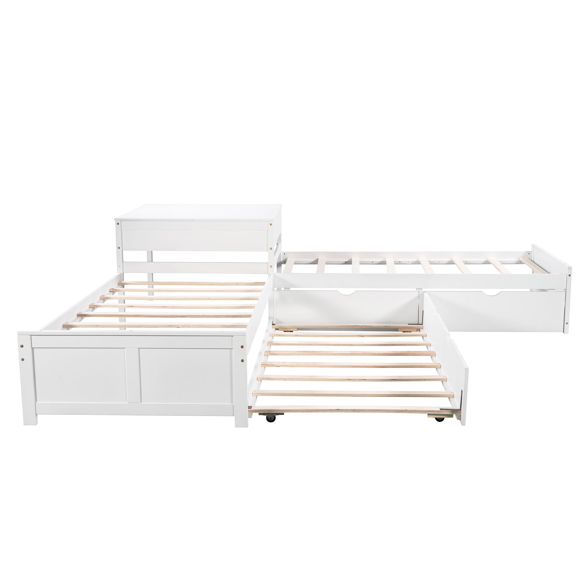 L-shaped Platform Bed with Trundle and Drawers Linked with built-in Desk,Twin,White - Atlantic Fine Furniture Melbourne FL