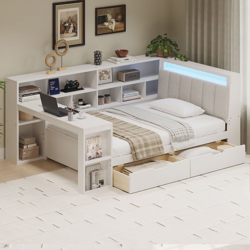 L Shaped Daybed With Desk, Bookcase, Upholstered Headboard, Drawers, And LED Light
