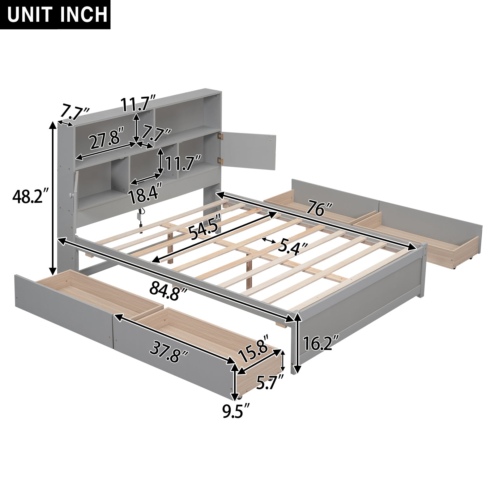 Full Size Platform Bed with Storage Headboard, Charging Station and 4 Drawers, Gray - Atlantic Fine Furniture Melbourne FL