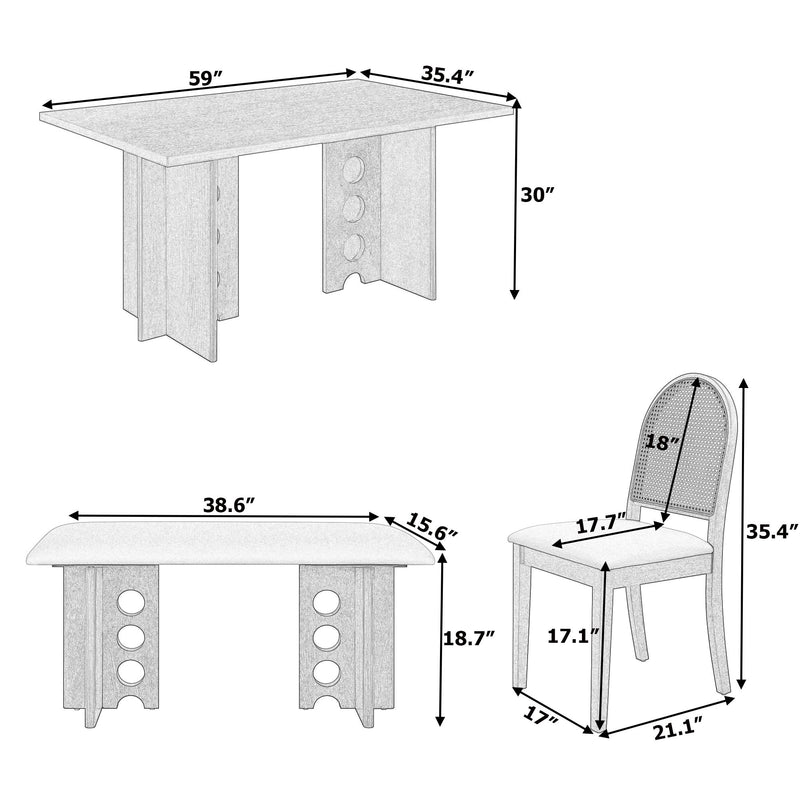 Modern Double Pedestal 6 Piece Dining Table Set, 4 Upholstered Rattan Back Dining Chairs And Bench