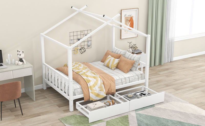 Full Size Metal House Platform Bed with Two Drawers,Headboard and Footboard,Roof Design,White