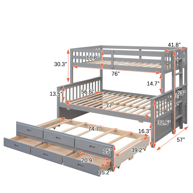 Twin-Over-Full Bunk Bed with Twin size Trundle , Separable Bunk Bed with Drawers for Bedroom - Gray