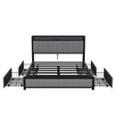 Queen Bed Frame with LED Headboard, Upholstered Bed with 4 Storage Drawers and USB Ports, Light Grey