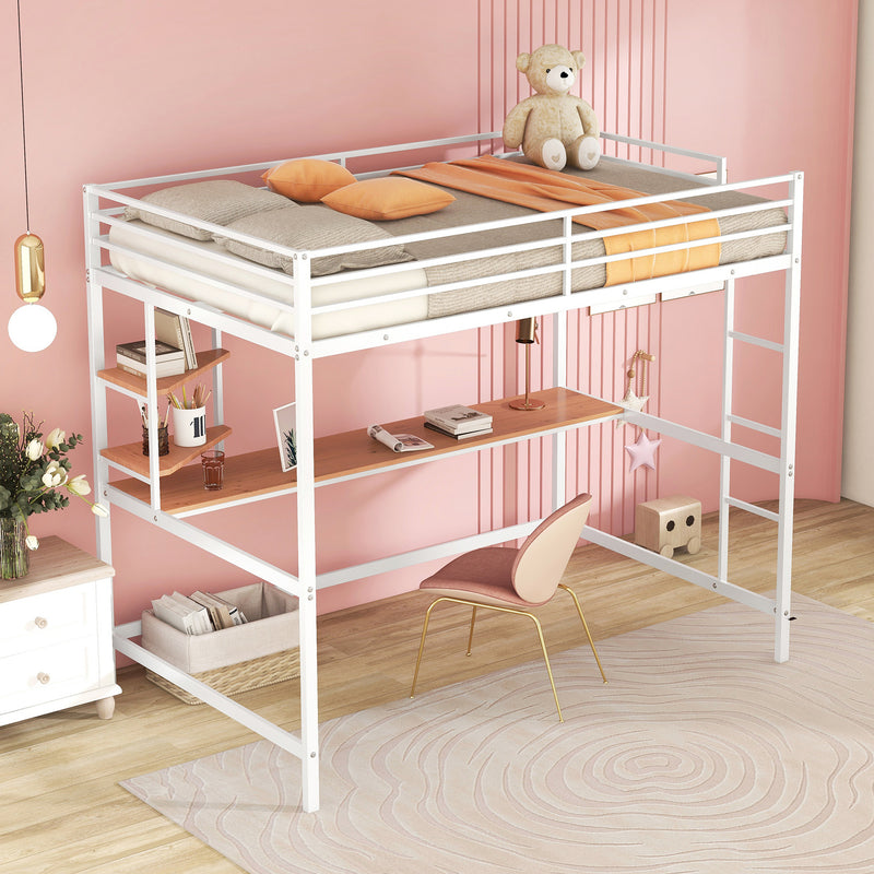 Full Metal Loft Bed with Desk and Shelve, White