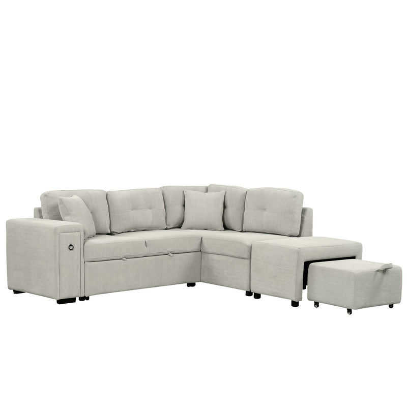 Sectional Sofa L-Shaped Sofa Couch Pull-Out Sofa Bed With A Movable Ottoman, Two USB Ports And Two Cup Holders For Living Room