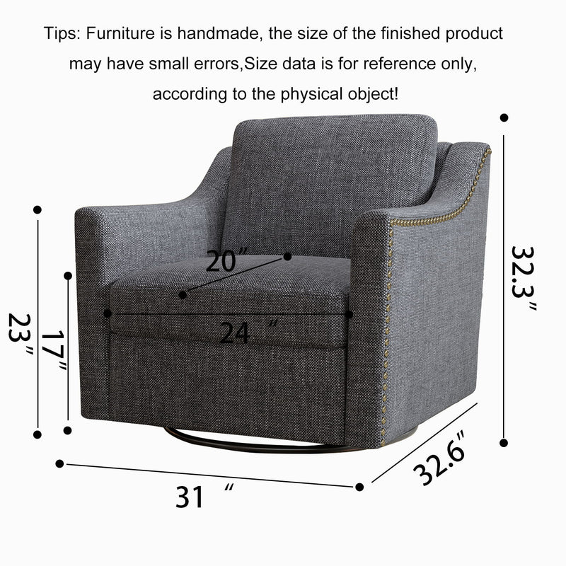 360 Degree Swivel Armchair Cotton Linen Skin-Friendly Fabric Ergonomic Design Brass Nail Decorative Armchair Living Room Chairs Bedroom Chairs Living Room Chairs Black Legs Suitable For Indoor Homes