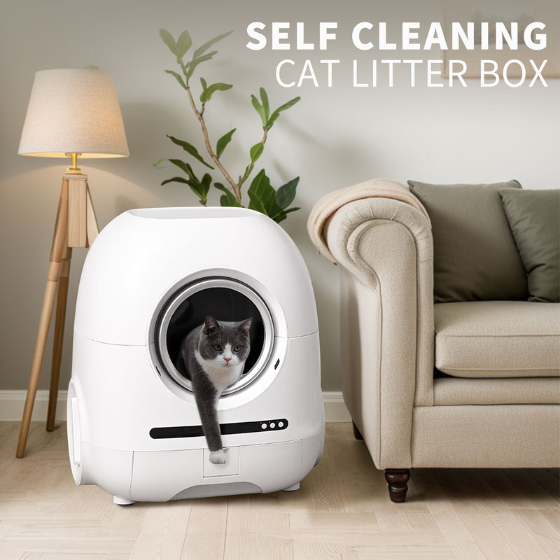 Self-Cleaning Cat Litter Box, 68L+9L, Suitable For A Variety Of Cat Litter, App Control, Real-Time Video, Photo And Video, Safe And Reliable, Ionic Deodorization, With Exhaust Hose, Support Wifi - White