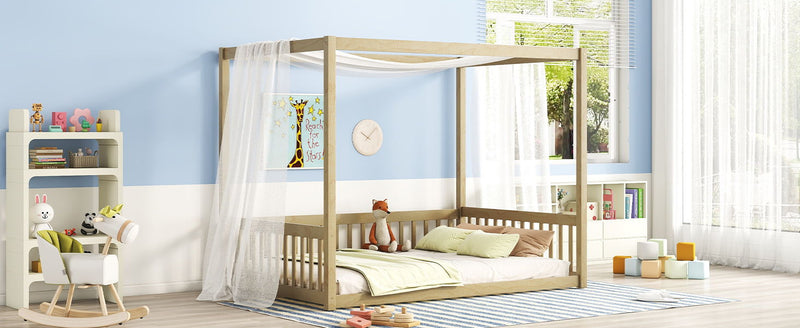 Canopy Frame Floor Bed With Fence, Guardrails