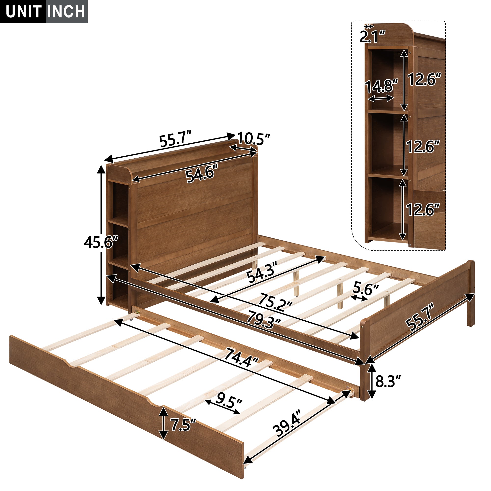 Full Size Platform Bed with Storage Headboard and Twin Size Trundle, Walnut - Atlantic Fine Furniture Melbourne FL