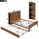 Full Size Platform Bed with Storage Headboard and Twin Size Trundle, Walnut