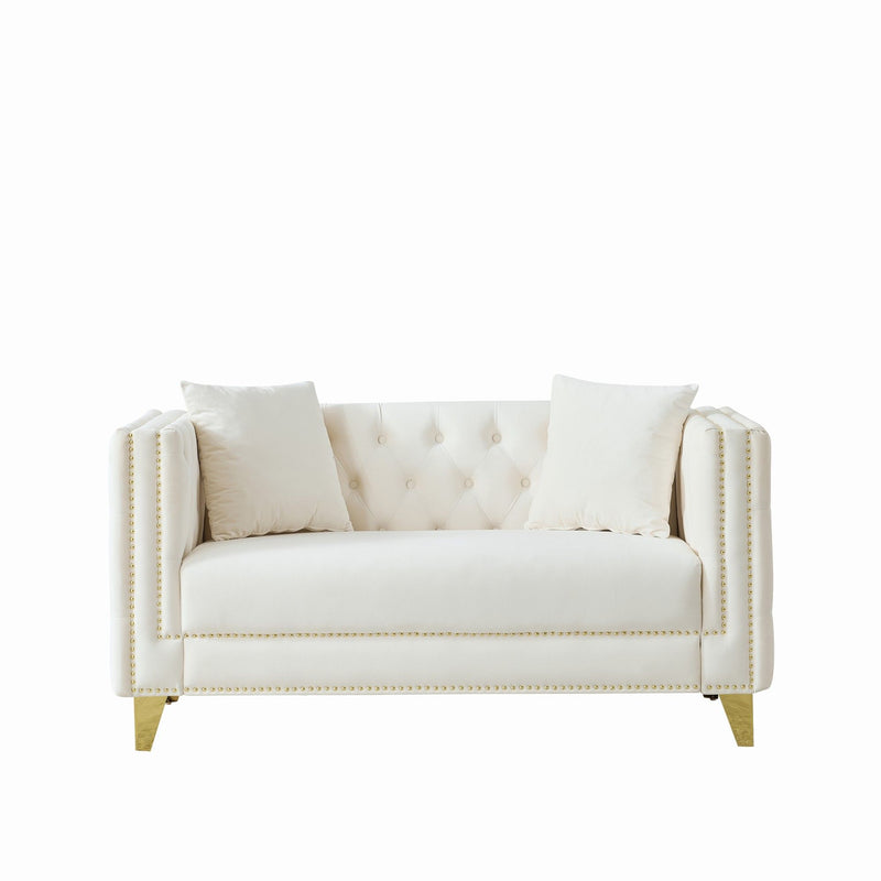 3 And 2 Seater Deep Seat Sofa With Button Nailhead, Square Arm Couches, Furniture For Living Room - Beige