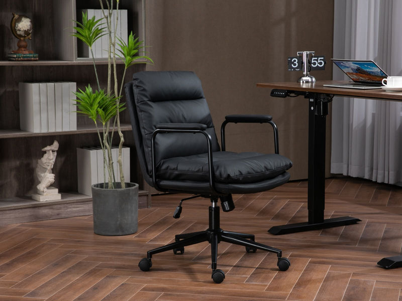 Office Chair, Mid Back Home Office Desk Task Chair With Wheels And Arms Ergonomic PU Leather Computer Rolling Swivel Chair With Padded Armrest