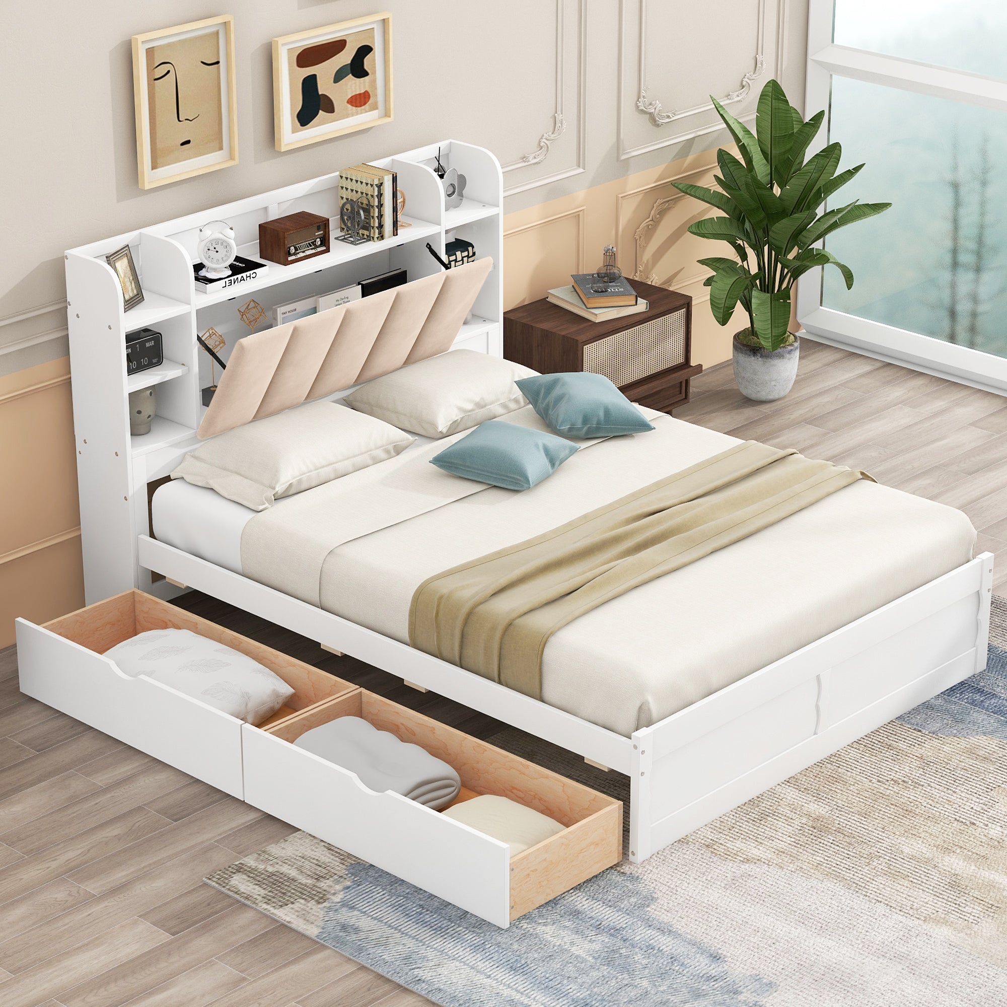 Wood Queen Size Platform Bed with Storage Headboard, Shelves and 2 Drawers, White - Atlantic Fine Furniture Melbourne FL