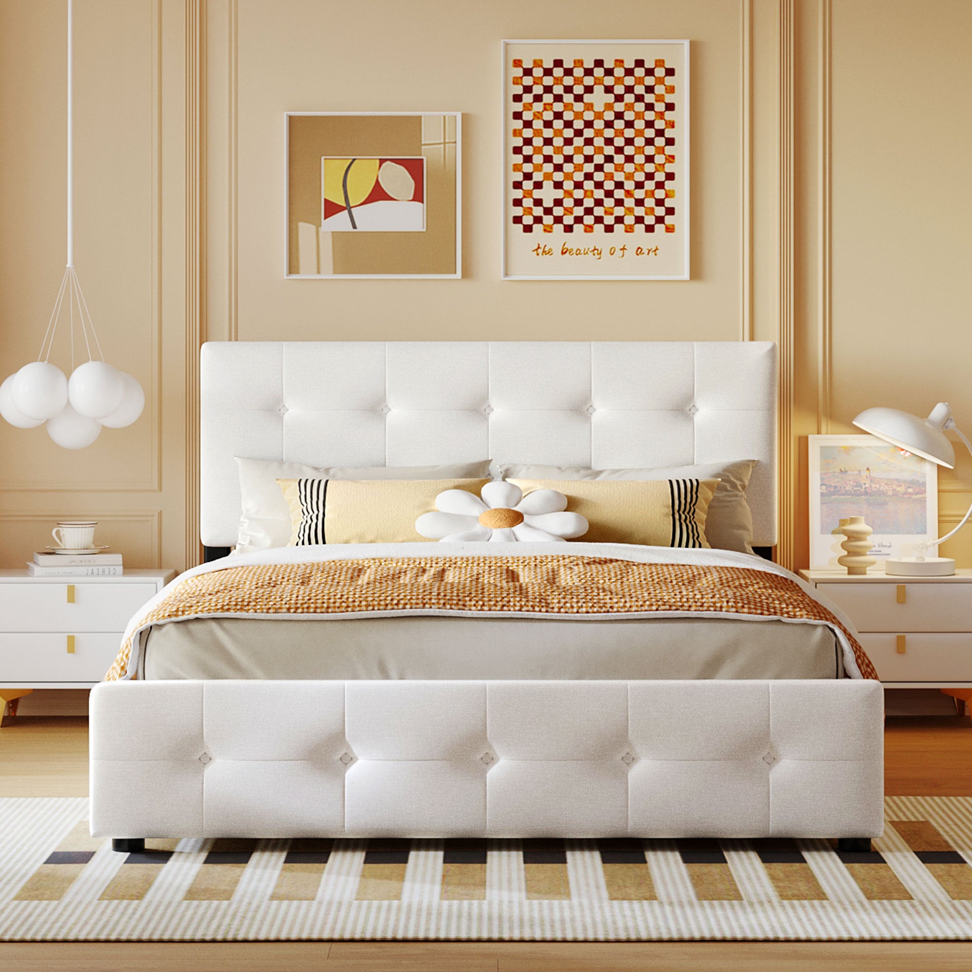 Upholstered Platform Bed with Classic Headboard and 4 Drawers, No Box Spring Needed, Linen Fabric, Queen Size White - Atlantic Fine Furniture Melbourne FL