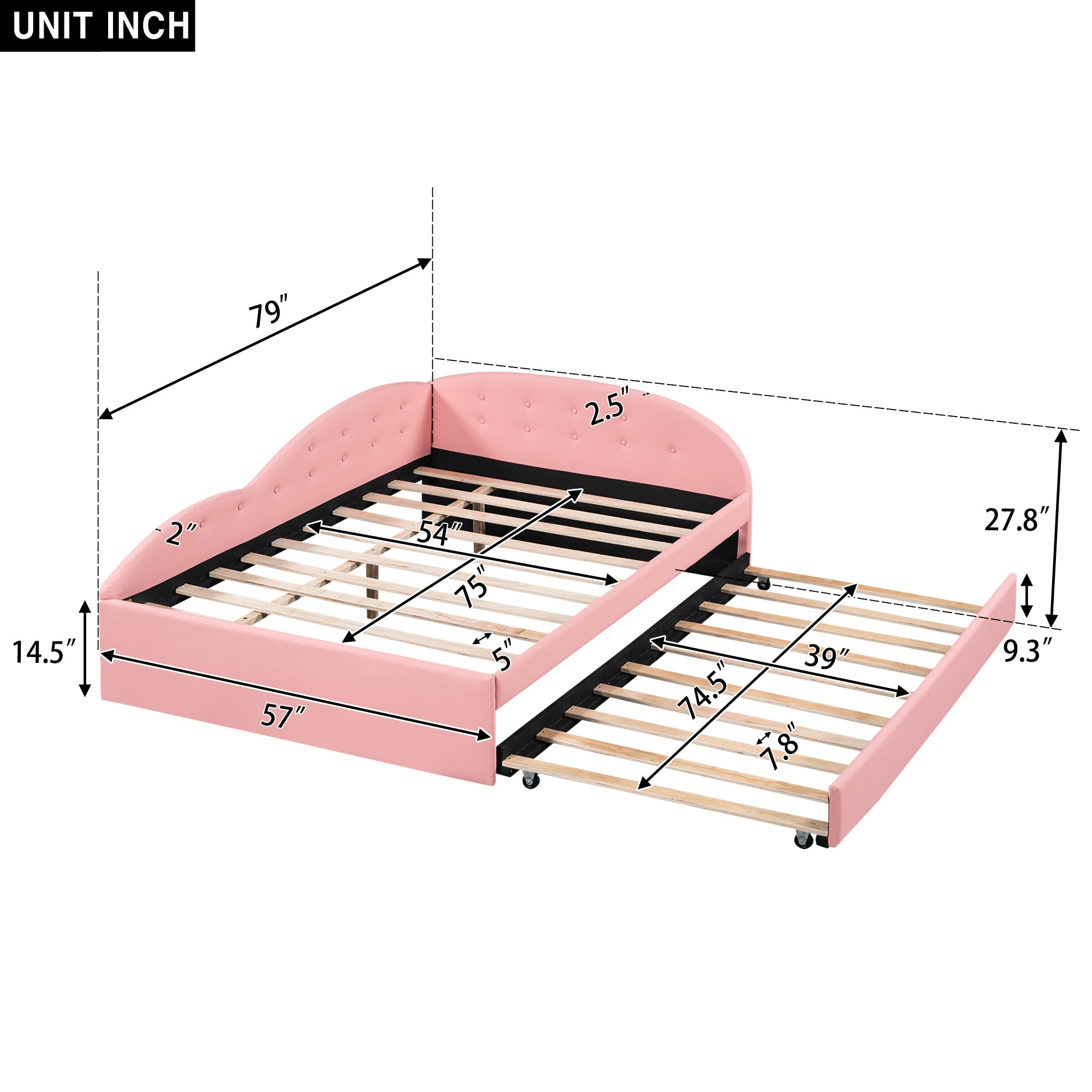 Full Size PU Upholstered Tufted Daybed with Trundle and Cloud Shaped Guardrail, Pink - Atlantic Fine Furniture Melbourne FL
