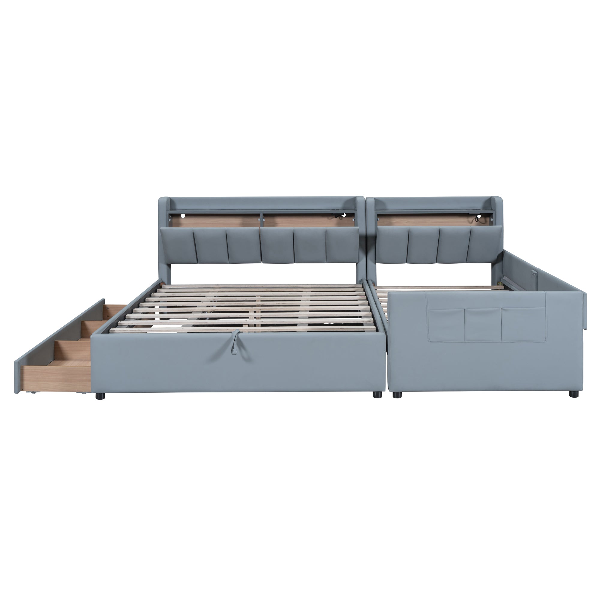 Queen Size & Twin XL Size Upholstered Platform Bed, Mother & Child Bed with Hydraulic Storage System, Drawer Box, Bedhead storage shelf and Two pairs of sockets & USB Ports, PU Leather, Gray - Atlantic Fine Furniture Melbourne FL