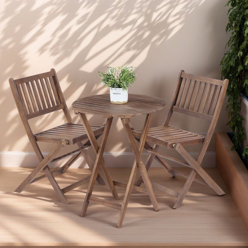 3 Piece Acacia Bistro Set, Folding Patio Furniture With 1 Coffee Table And 2 Foldable Chairs