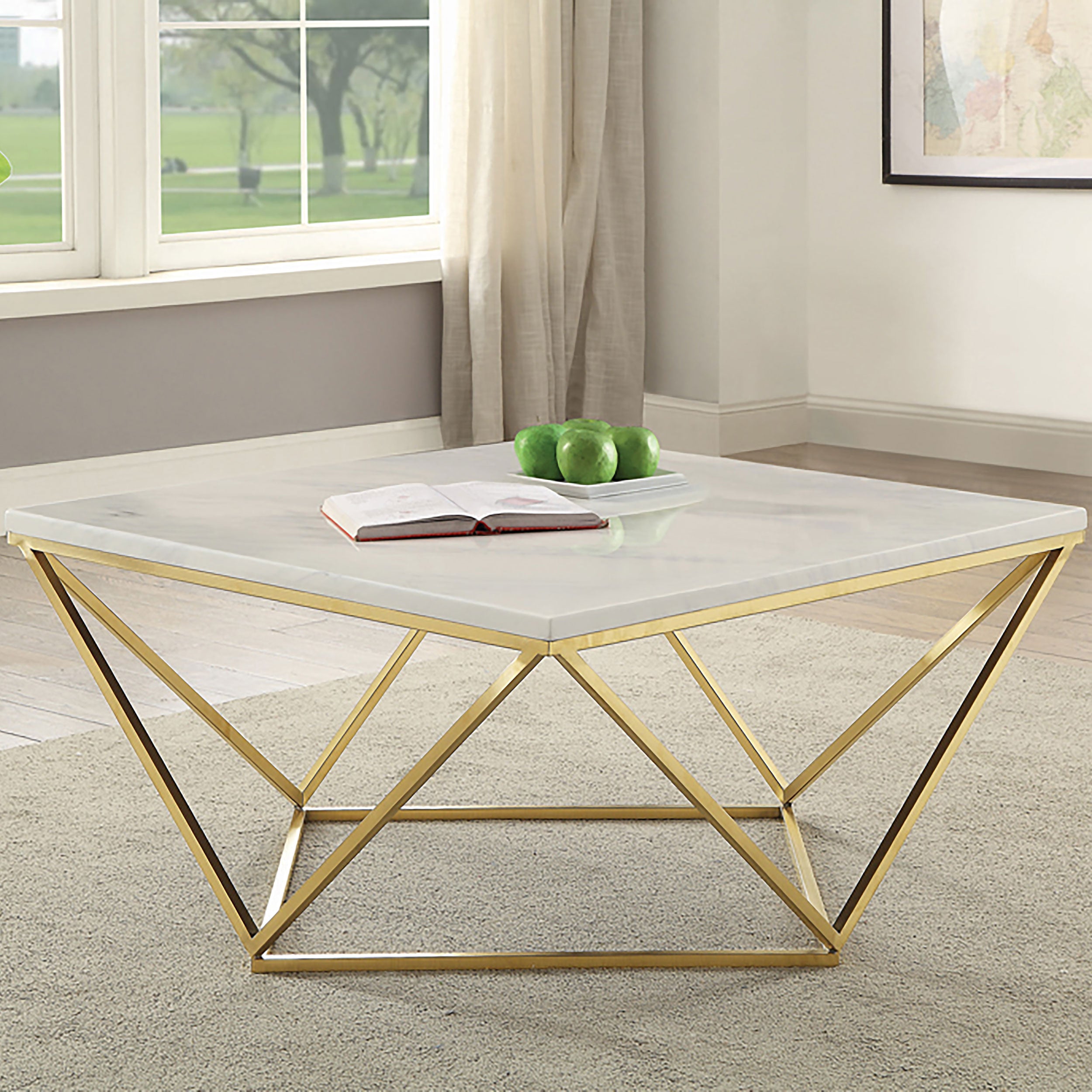 Meryl Square Faux Marble Top Coffee Table White and Gold — view 2